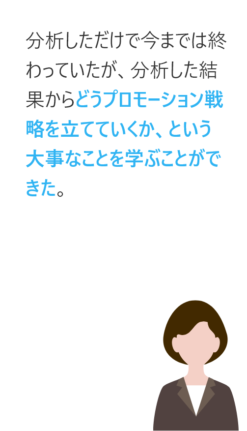 分析しただけで今までは終わっていたが、分析した結果からどうプロモーション戦略を立てていくか、という大事なことを学ぶことができた。