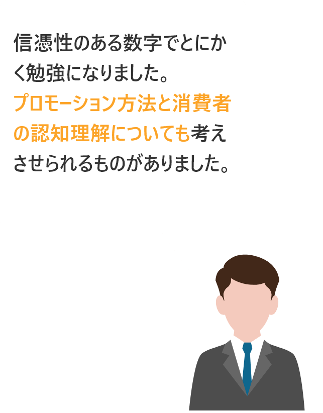 信憑性のある数字でとにかく勉強になりました。プロモーション方法と消費者の認知理解についても考えさせられるものがありました。